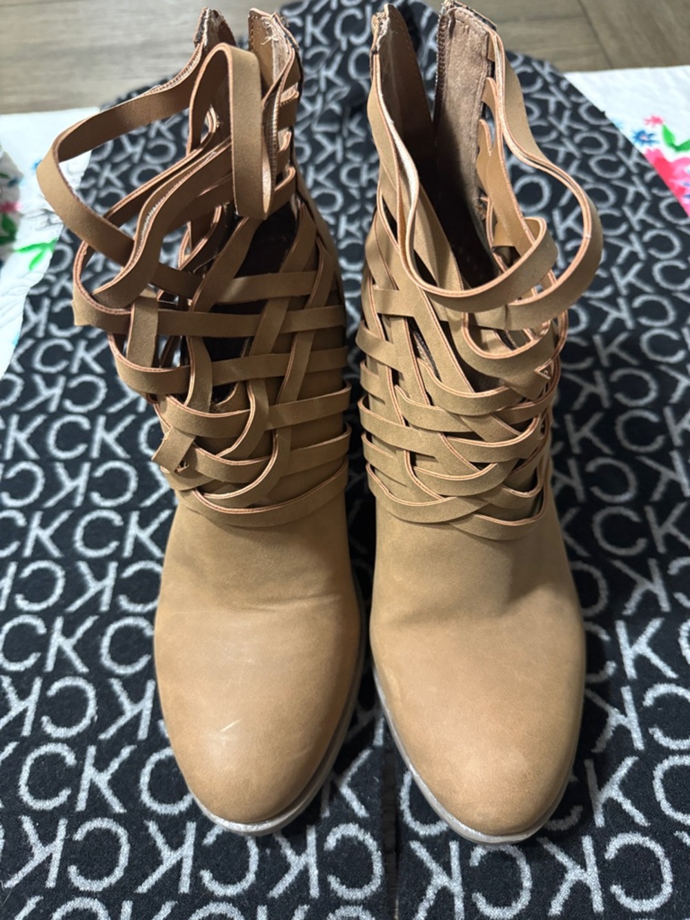 American Rag Woven Strappy Tan Ankle Boots